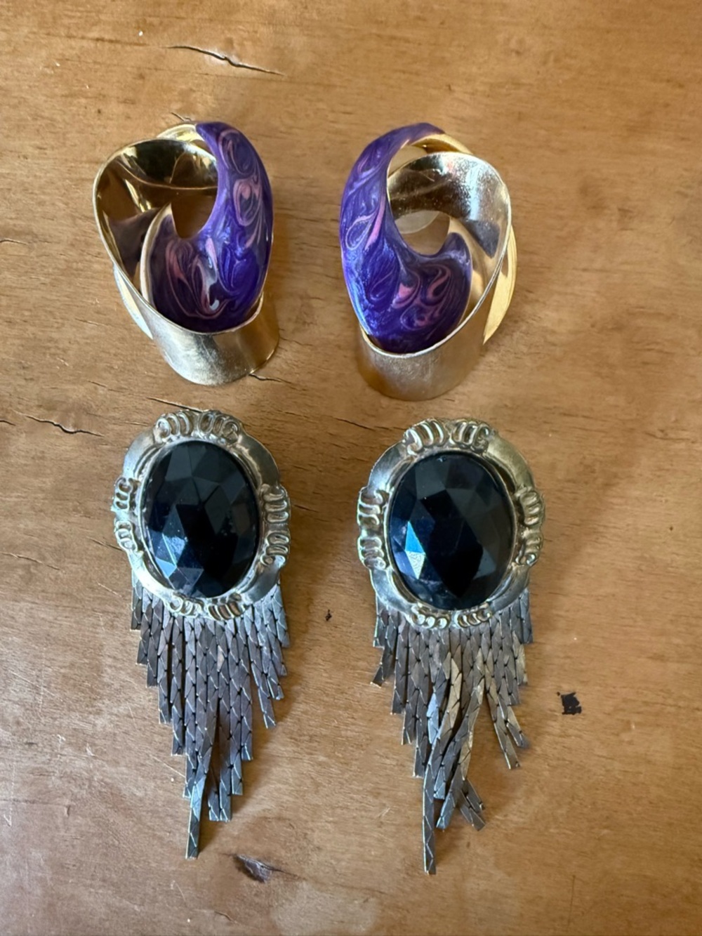 Vintage Gold and Purple Swirl Earrings & Black Gem Fringe Earrings - Set of 2